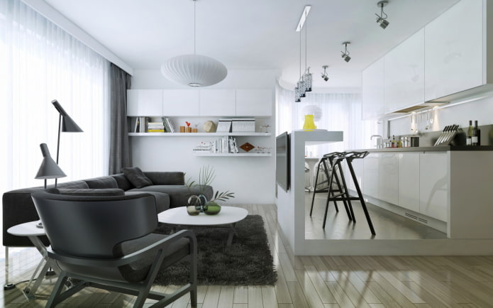 Zonage avec des structures à plusieurs niveaux à l'intérieur de la cuisine-salon