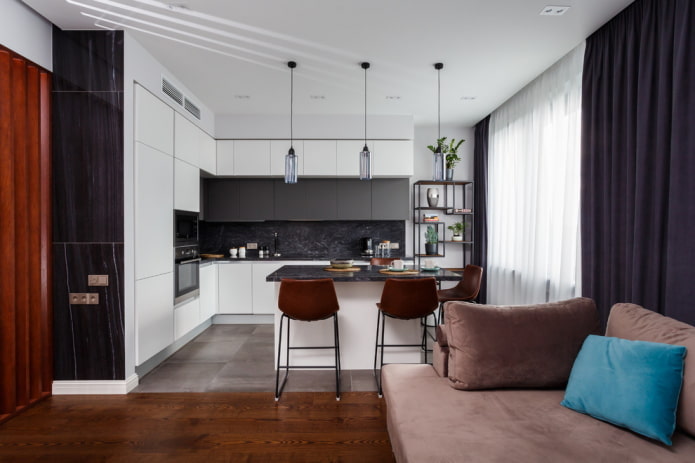 Zonage avec un îlot à l'intérieur de la cuisine-salon