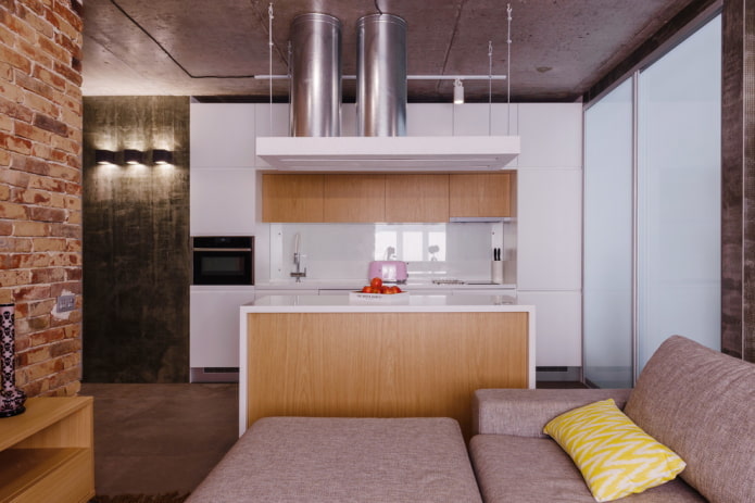 Zonage avec un îlot à l'intérieur de la cuisine-salon