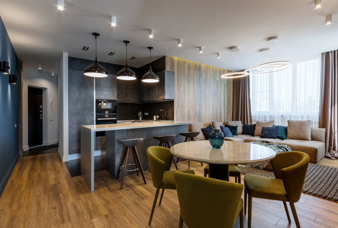 Zonage avec un éclairage central à l'intérieur de la cuisine-salon